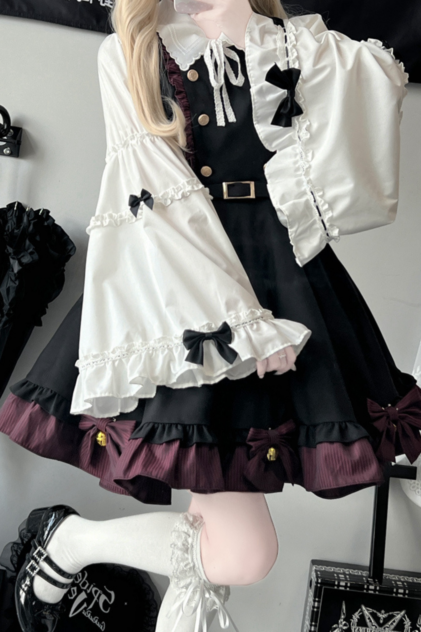 Plaid Suspender Skirt + Ribbon Ruffle Shirt