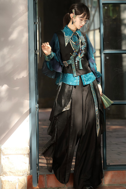 Ruan Chinese-style Top + Vest + Wide Leg Pants + Necklace
