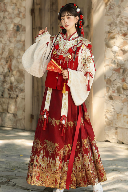 Retro Chinese-style Top + Skirt + Vest + Shoulder