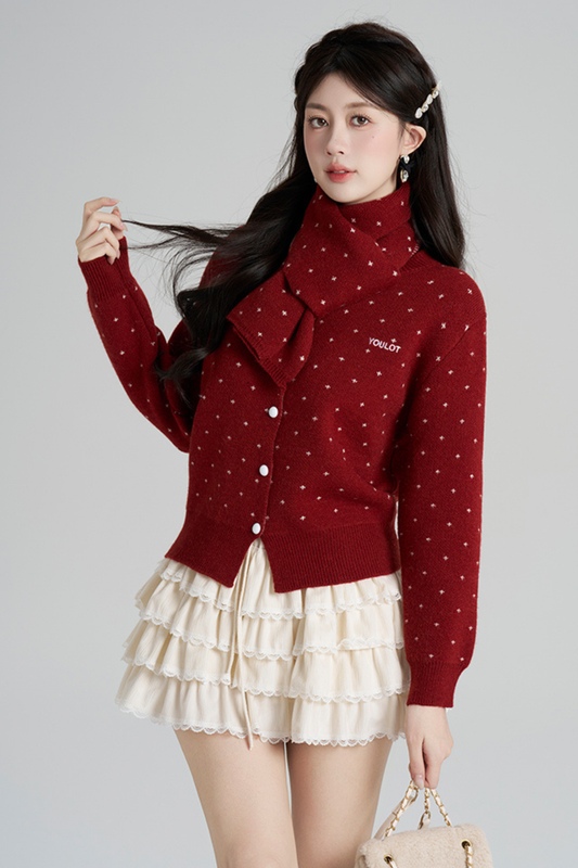 French Style Dotted Cardigan With Scarf