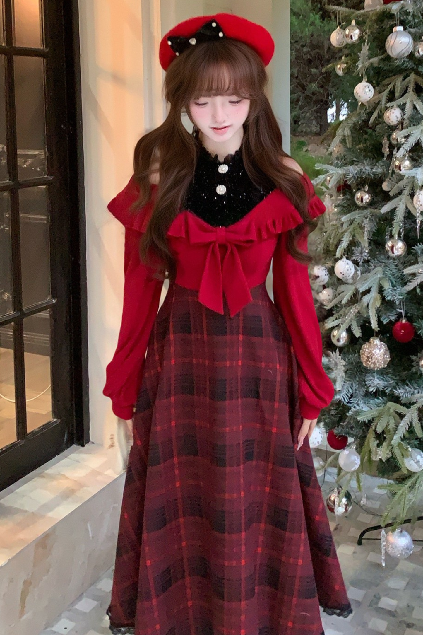 Retro Plaid Off Shoulder Dress
