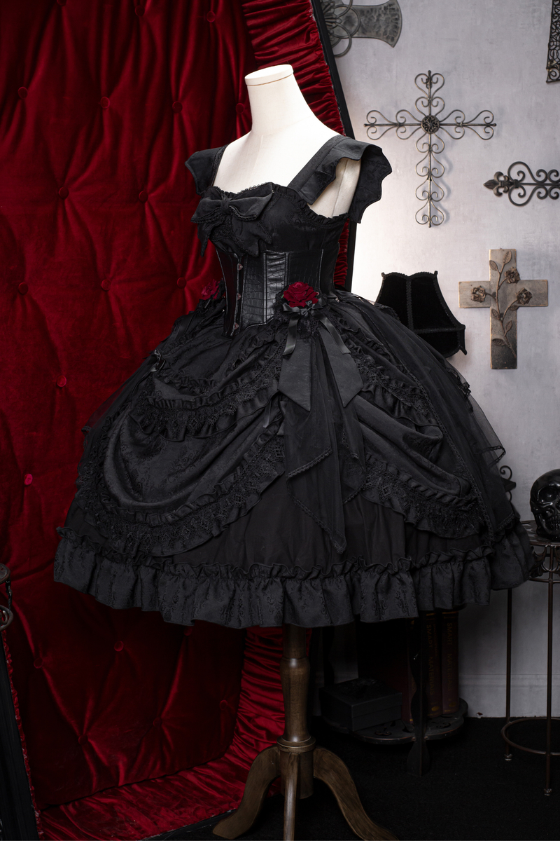 Dark Gothic Ruffle Lolita Dress + Waist Belt + Train + Hairband