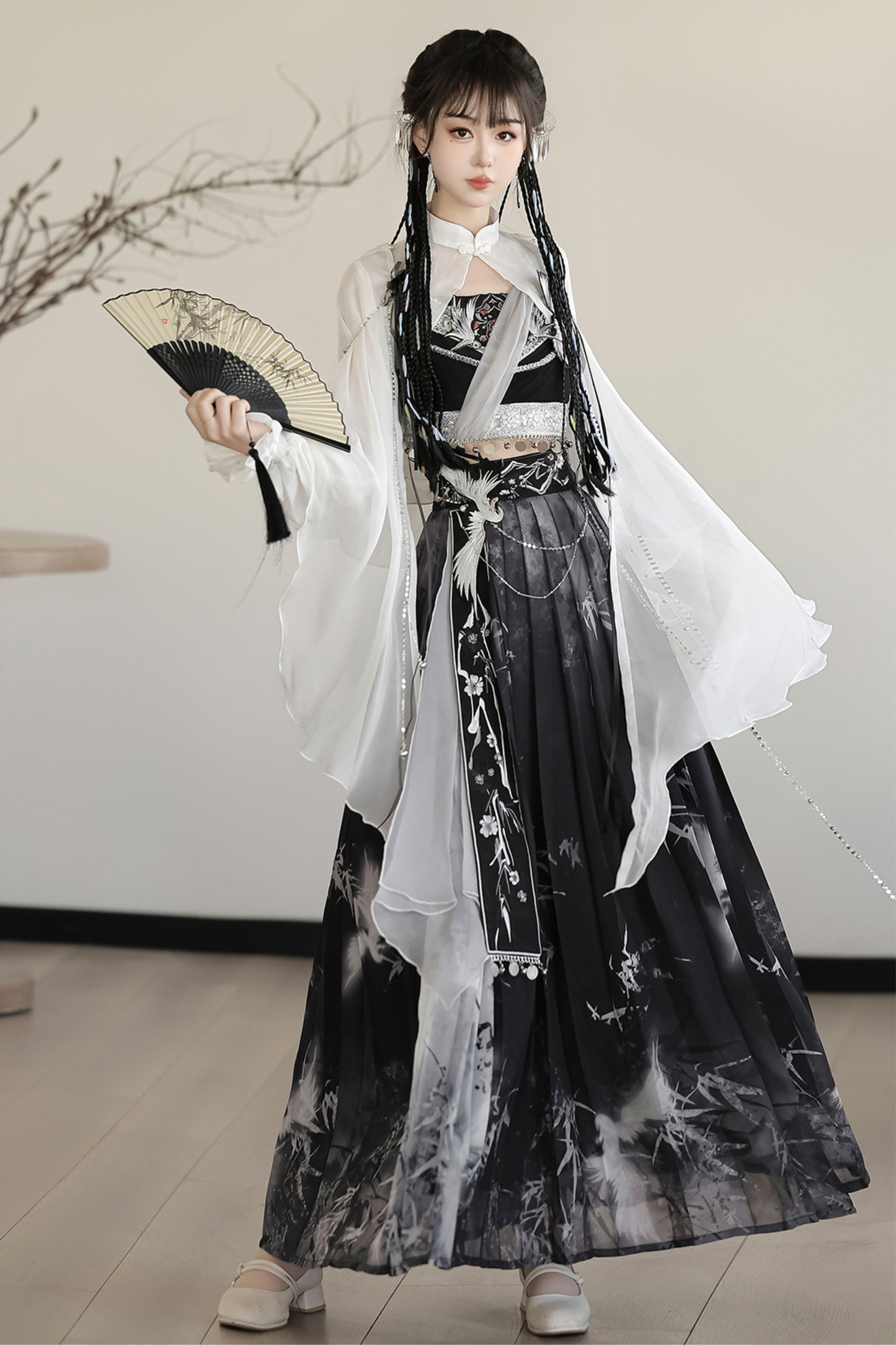 Retro Dark China Skirt + Camisole + Sheer Coat