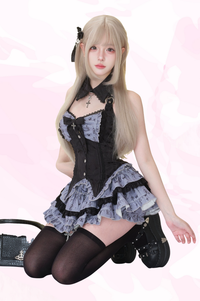 Dark Night Doll Black Print Patchwork Ribbon Top + Print Skirt