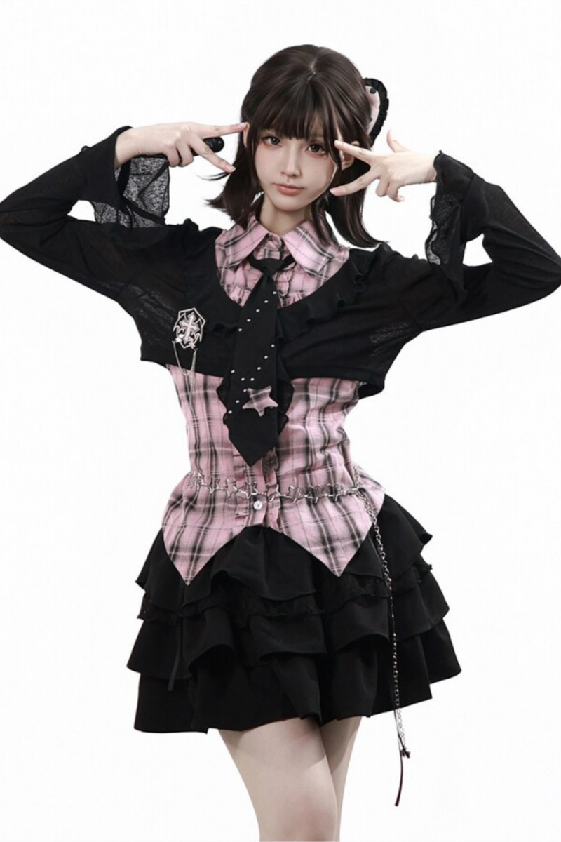 Plaid Sleeveless Shirt + Top + Tiered Skirt