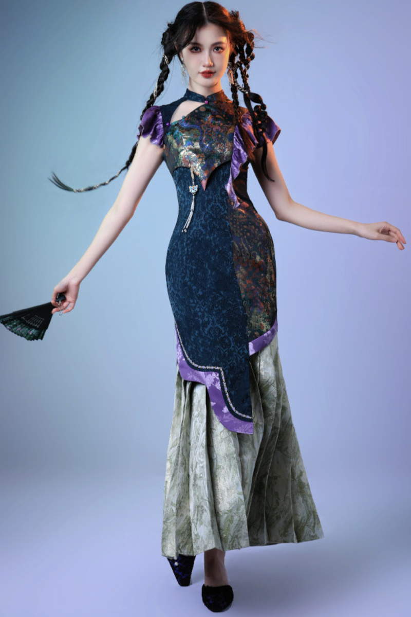 Colorful Weave Pleated Cheongsam Dress