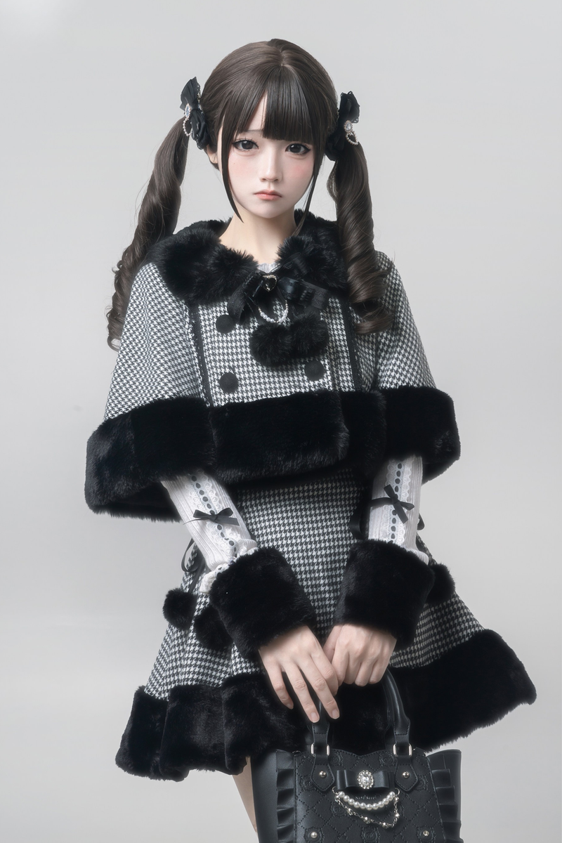 [reservation Deadline February 7th] Retro Check Black Fur Cape + Skirt + Inner Top