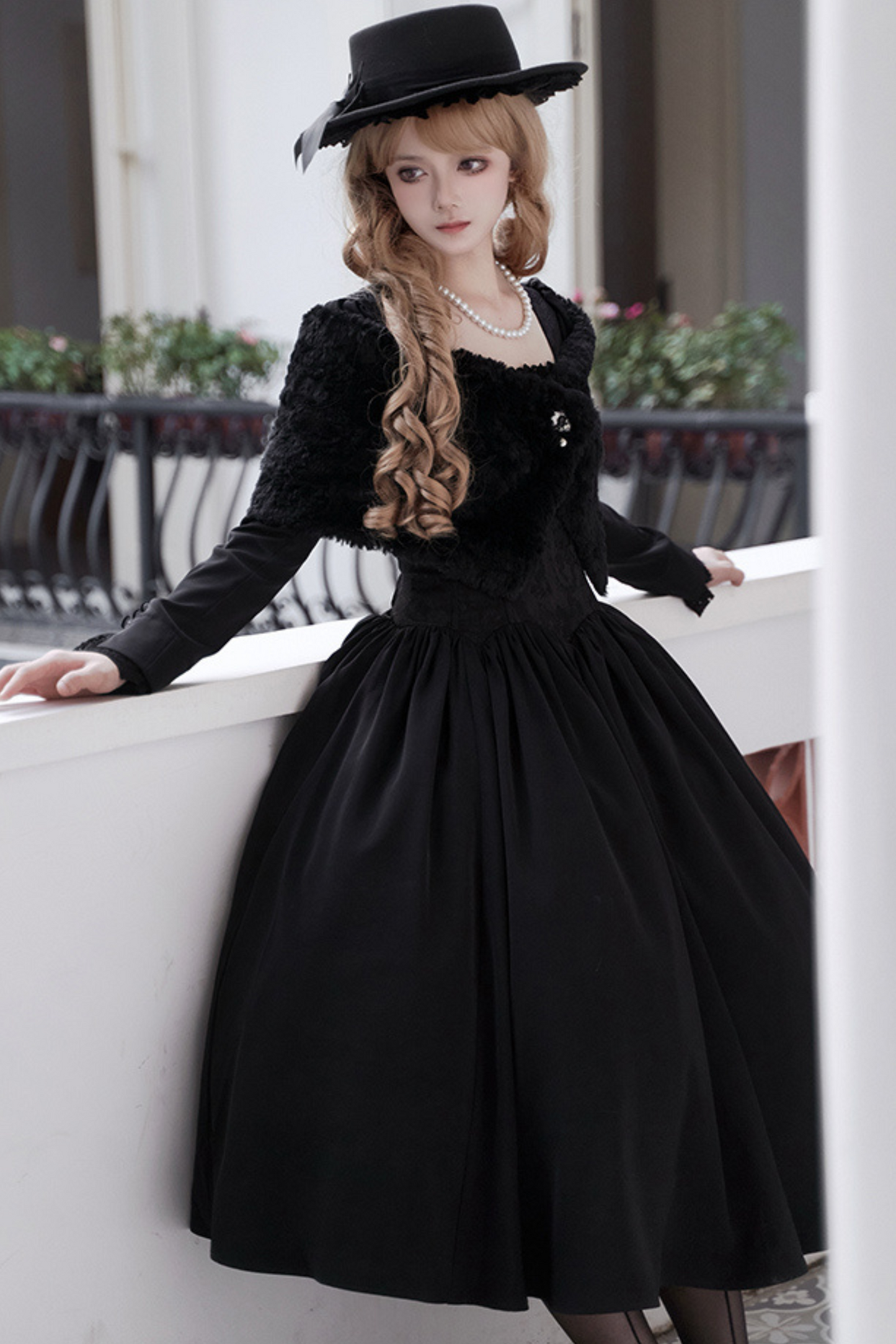 [pre-order] Dark Sweet Lolita Dress + Faux Collar + Necklace + Jacket + Ribbon + Sleeve + Fur Shawl