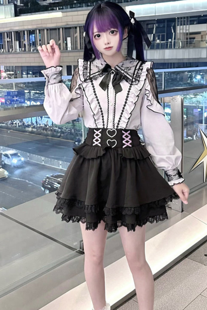 Lace Dark Shirt + Flare Skirt