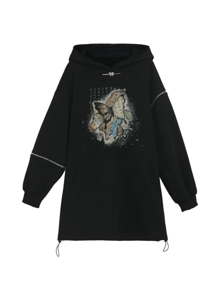 Chinese-style Butterfly Cropped Sweatshirt + Zip Design Hoodie Dress + Black Hoodie [pre-order]