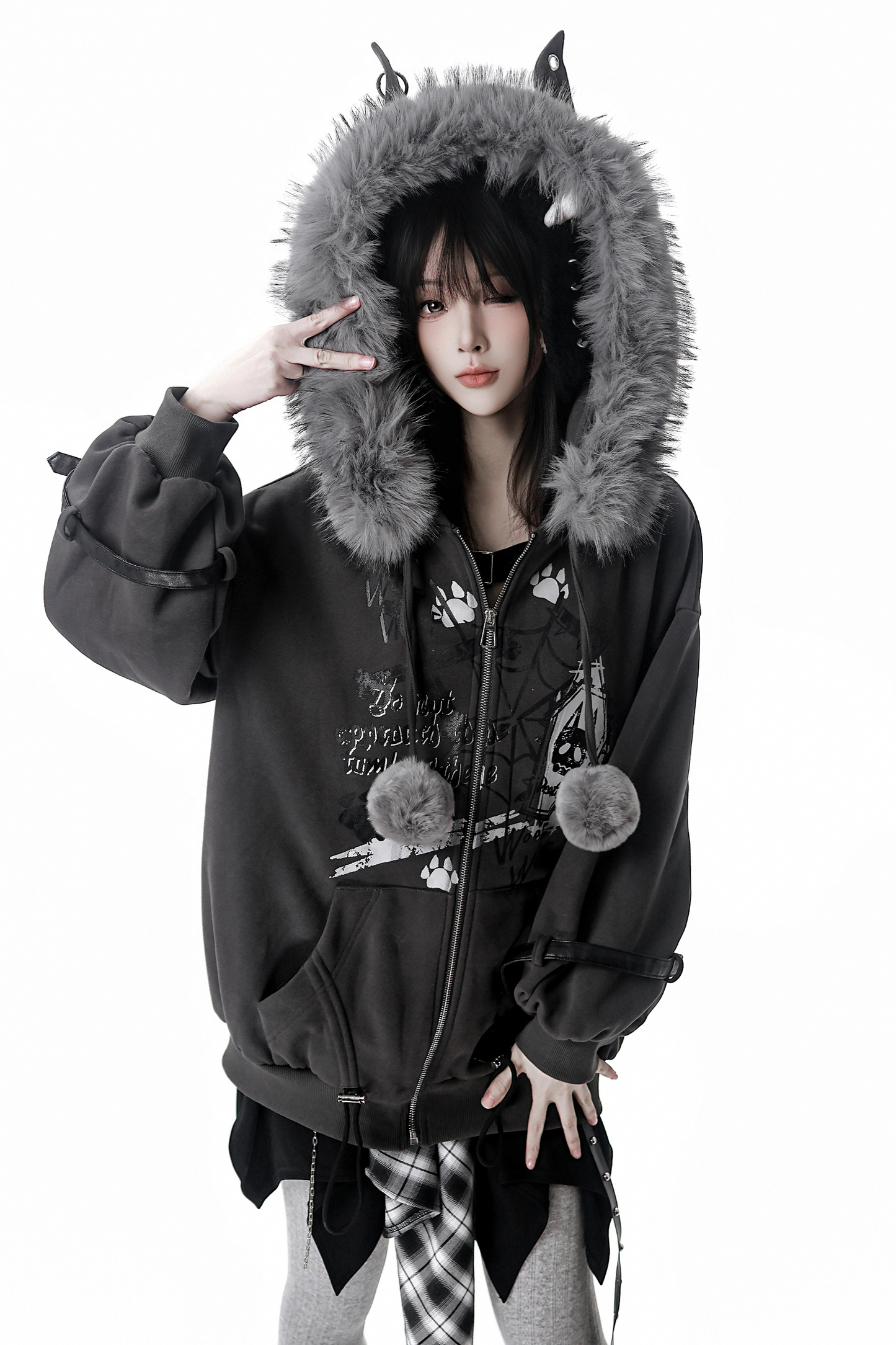 Fur Ball Fur Hooded Jacket + Top + Skirt
