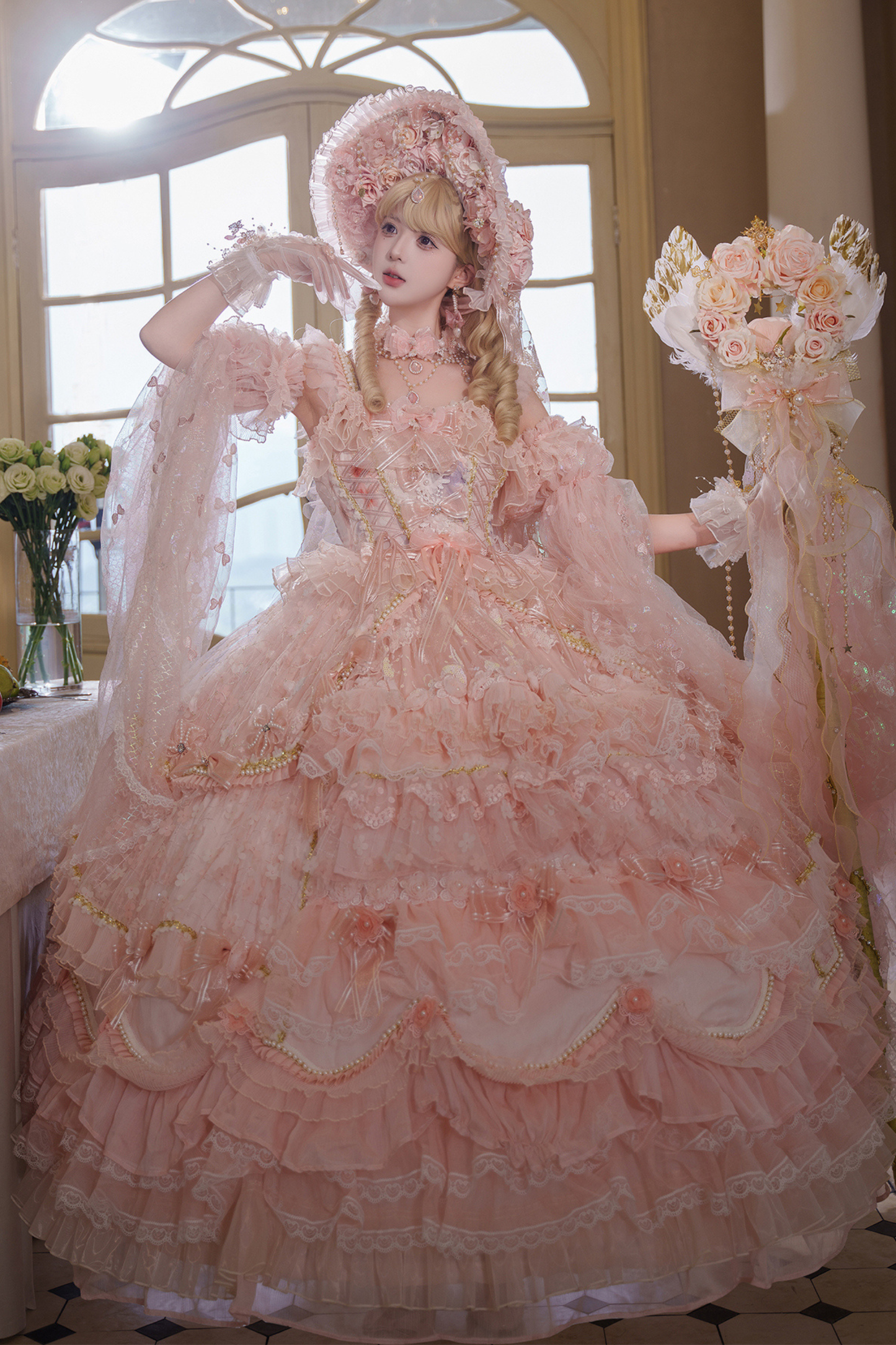 Sweet Flower Tea Party Lolita Accessory Hat + Veil + Necklace + Gloves + Scepter