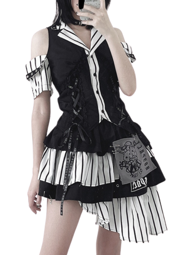 Code Rabbit Original Off Shoulder Striped Shirt + Asymmetric Striped Tiered Skirt + Cross Necktie