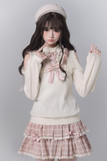 Sweet Off Shoulder Knit Top + Checkered Skirt + Bow Tie