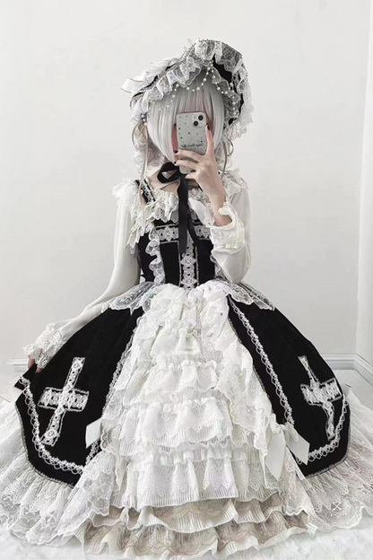 Gothic Doll Lace Jumper Skirt + Bonnet + Shawl