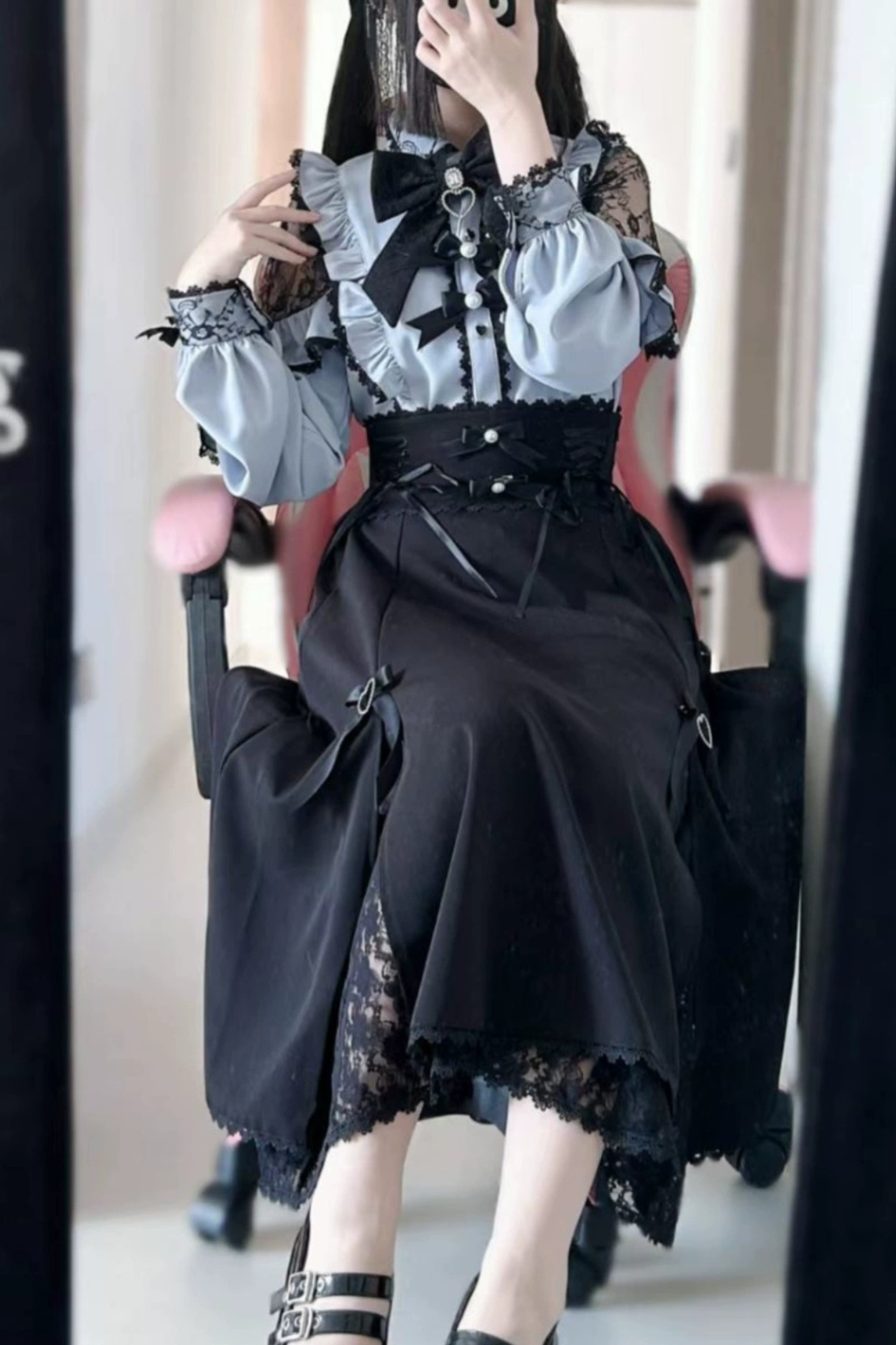 French Lace Trim Shirt + Long Skirt
