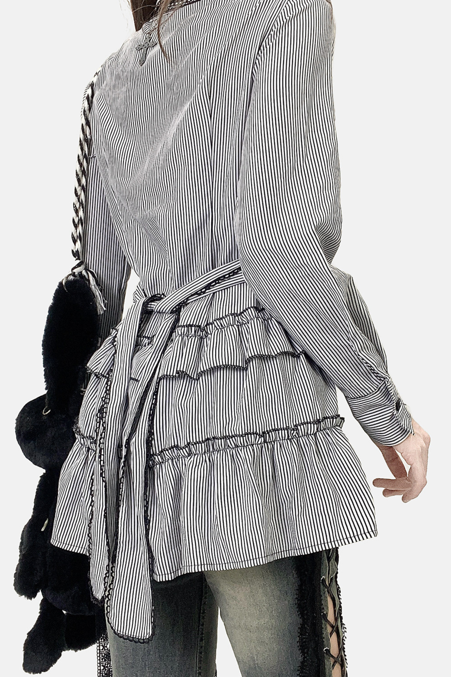 Striped Lace Midi Patchwork Shirt Dress
