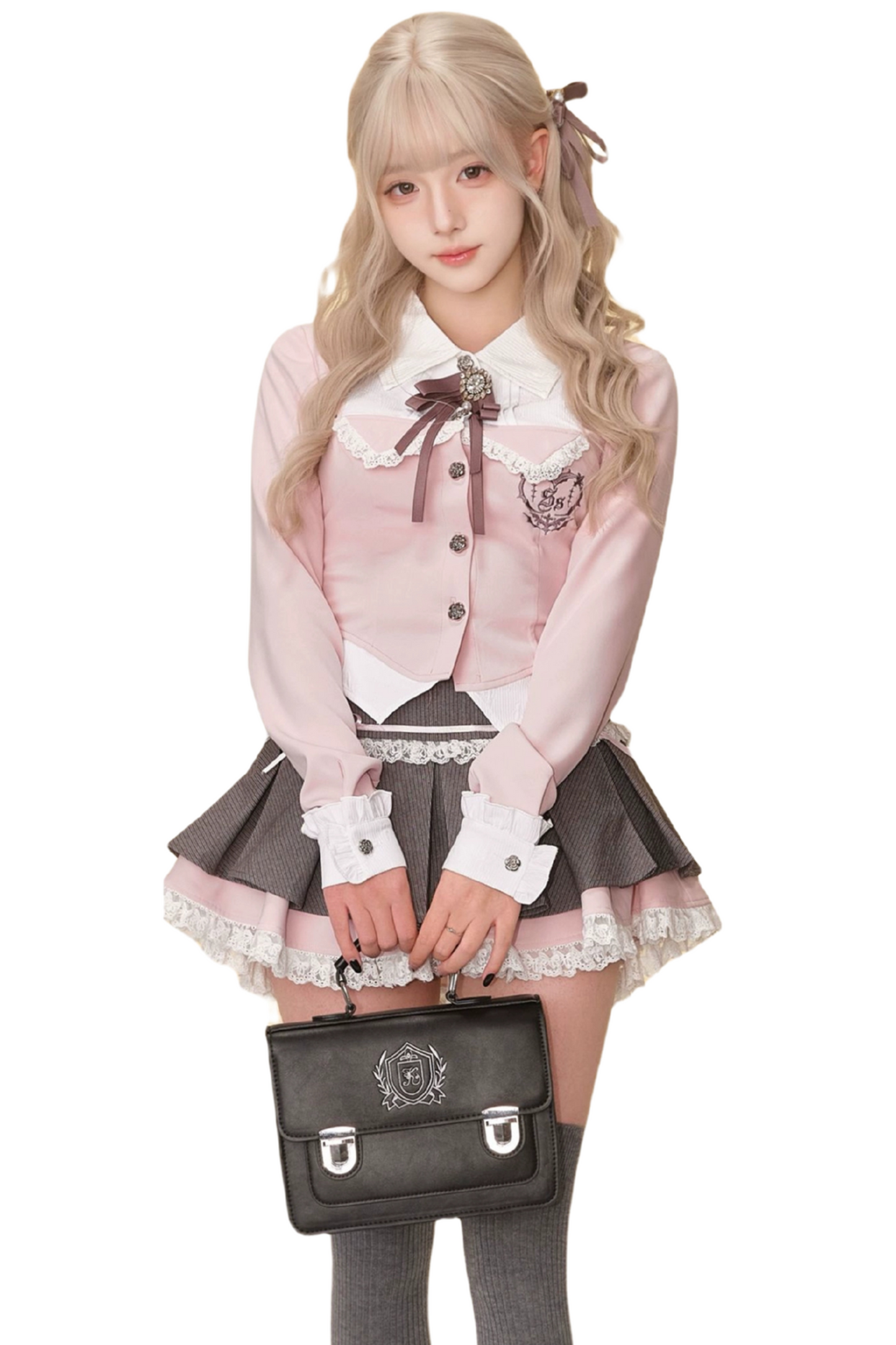 Sweet Sakura College Pink Faux Two-piece Shirt + Gray Pleated Skirt