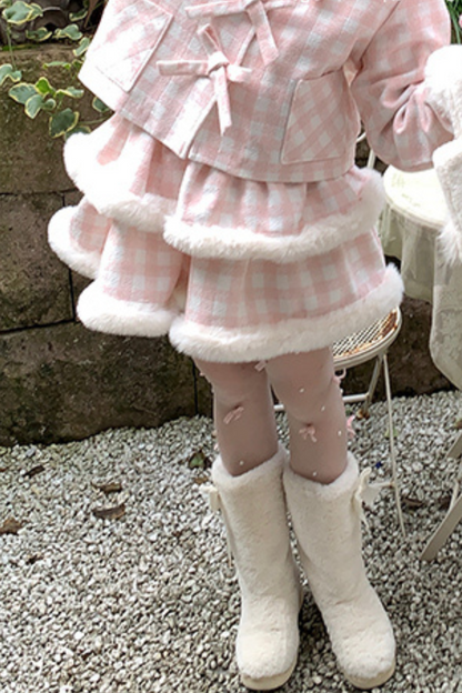 Peach Plaid Sweet Bow Coat + Plaid Tight Skirt + Fur Plaid Skirt