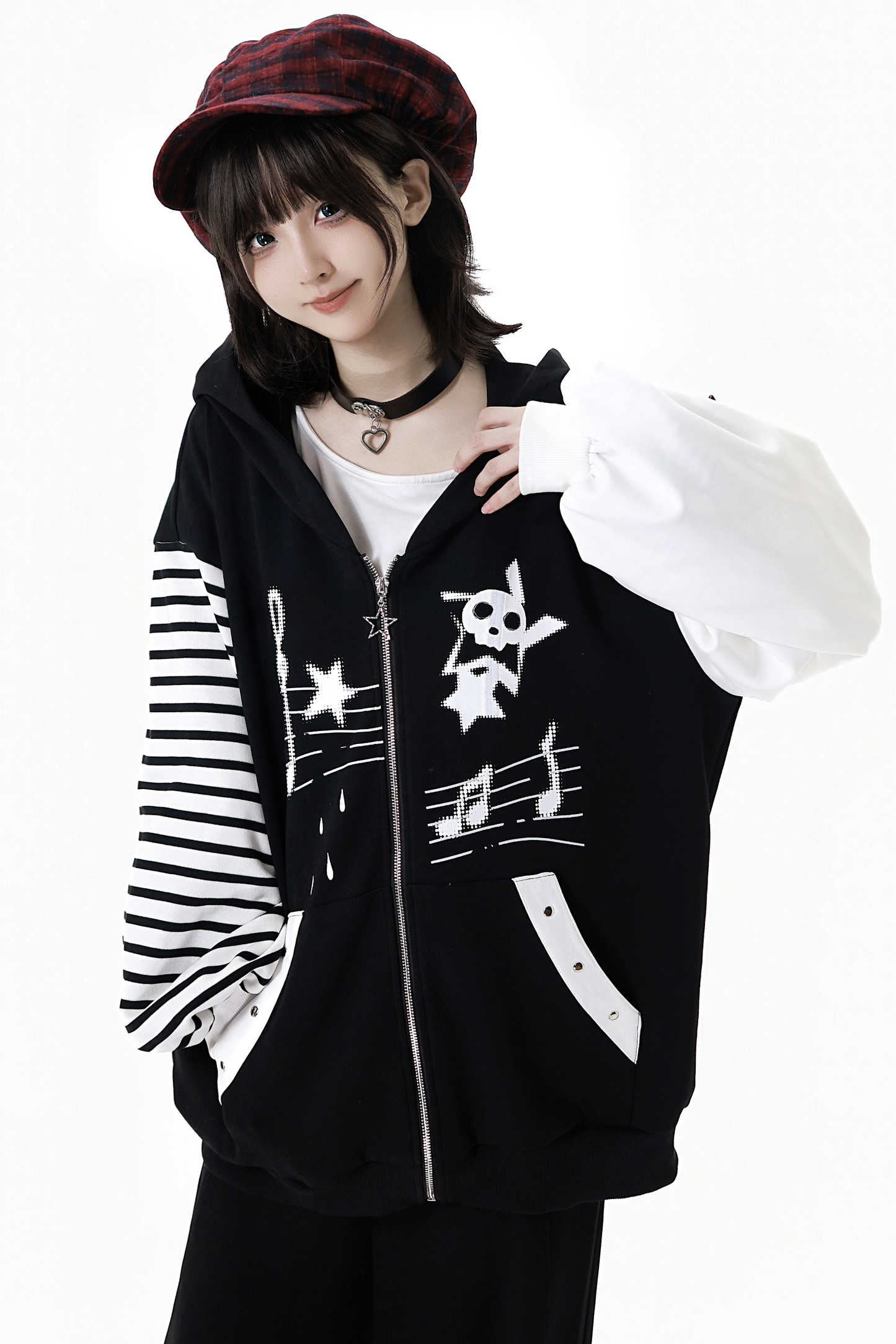 Striped Rock Print Hoodie Jacket + Tops + Long Pants + Skirt