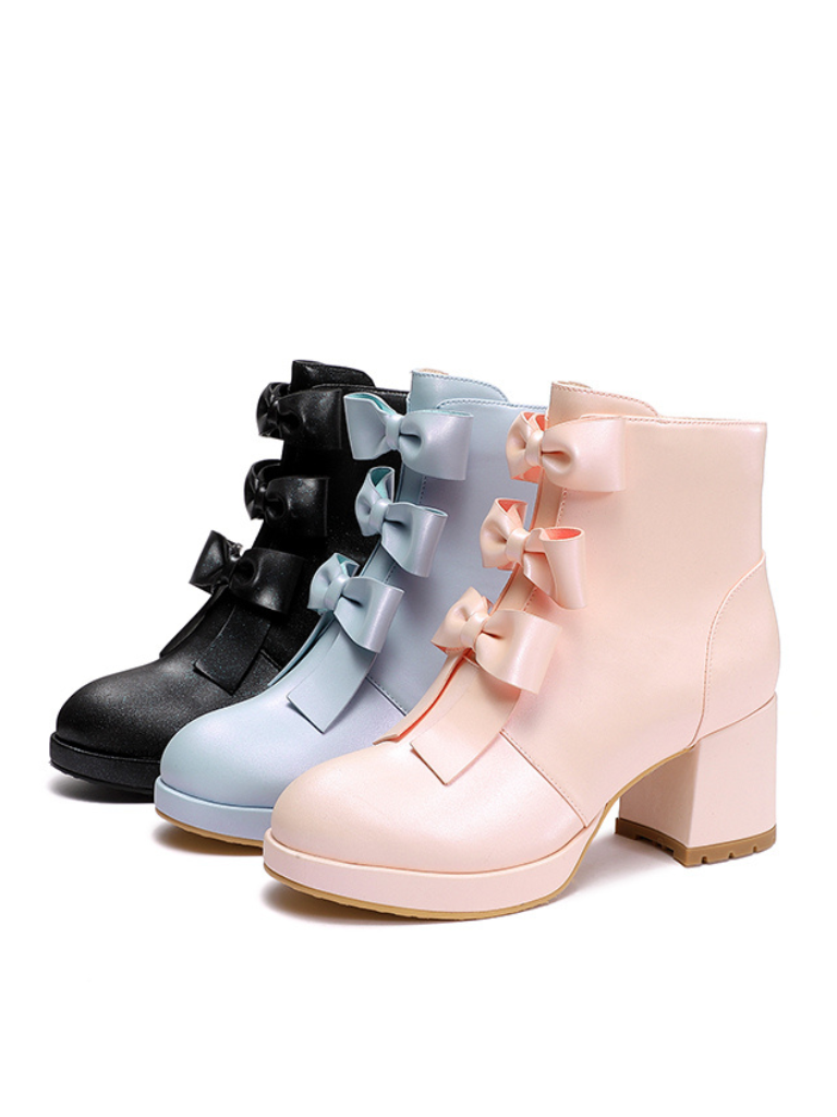 Sweet Ribbon Round Toe Short Boots