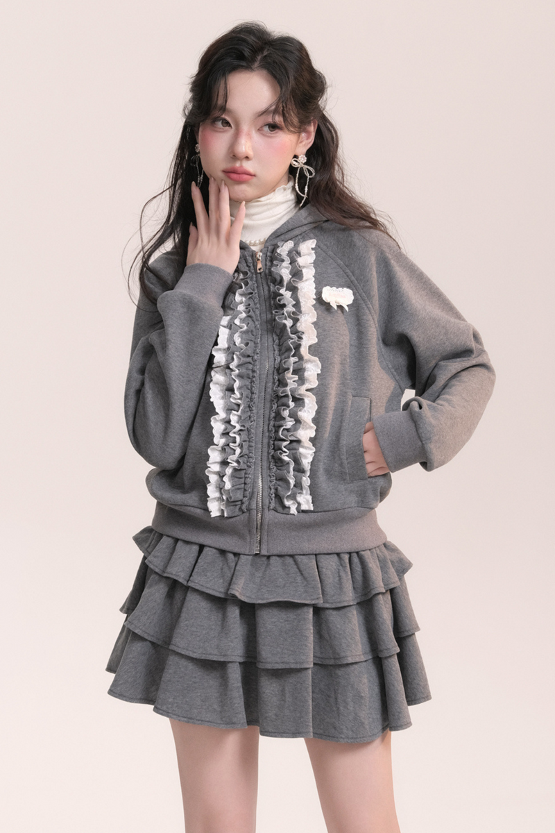 Ballet Lace Sweatshirt Hooded Jacket + Tiered Skirt