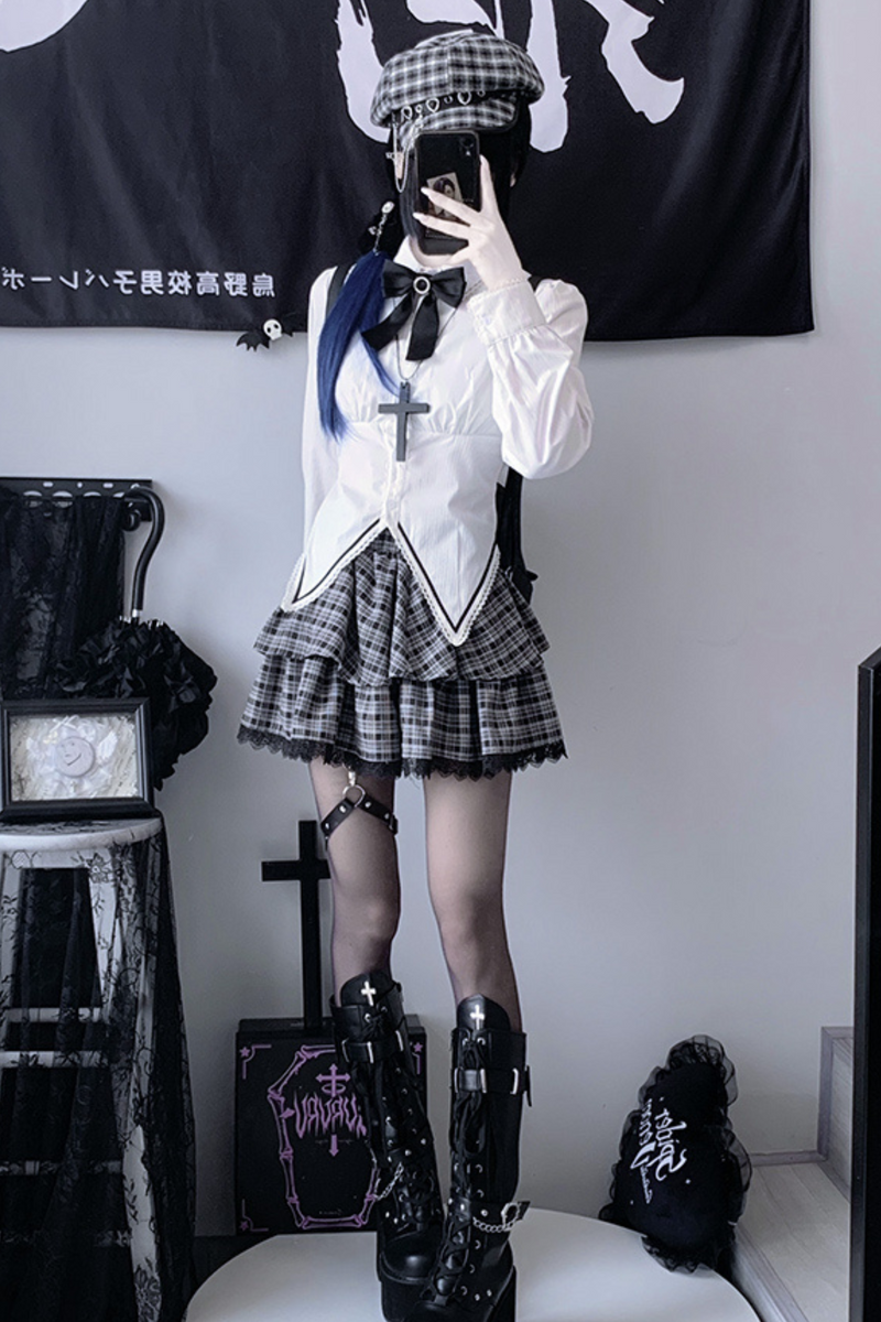 Gothic Style Shirt + Plaid Skirt + Ribbon + Necktie