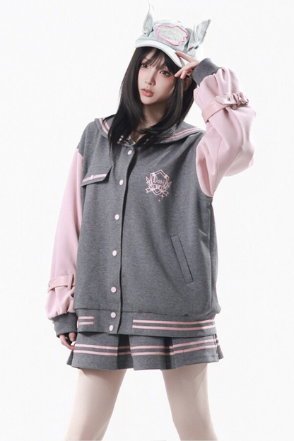 Sailor Collar Jacket + Pleated Skirt + Long Pants