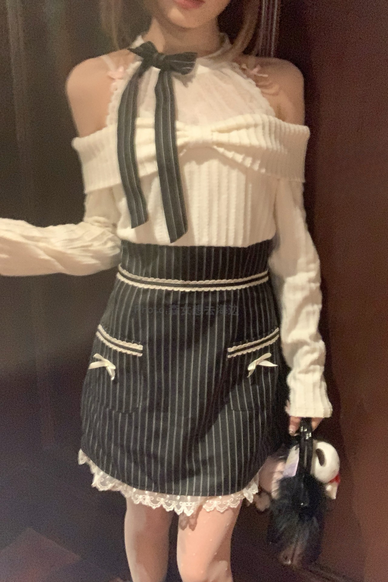 Ribbon Off Shoulder Striped Dress