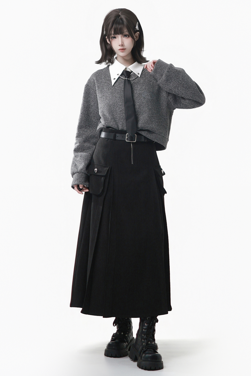 Gray Winter Preppy College Long Top + Short Top + Skirt + Pants + Shirt