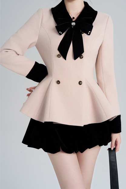 French Sweet Pink Flare Coat + Skirt