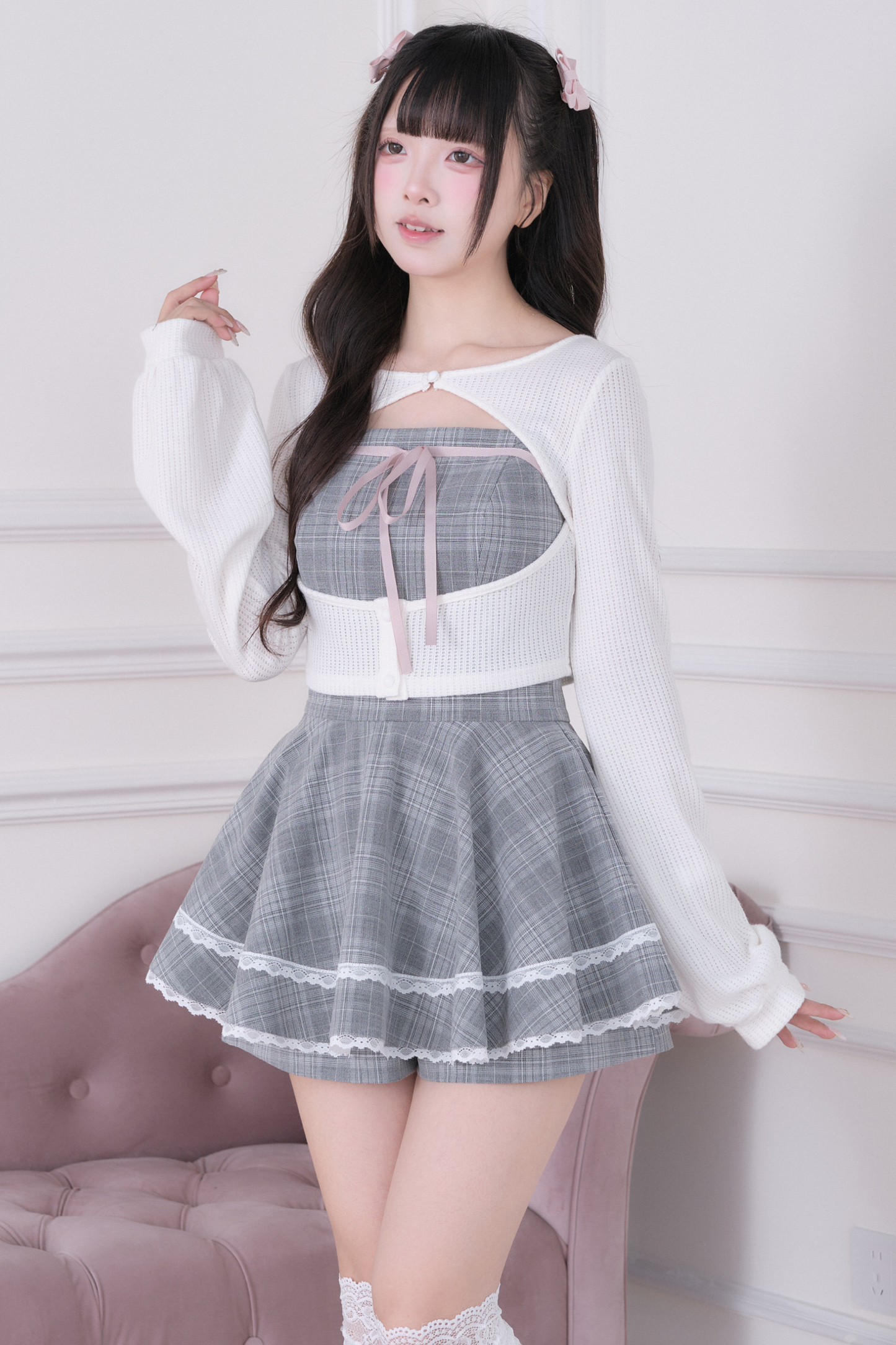 Lace Cardigan + Checkered Dress + Inner Pants