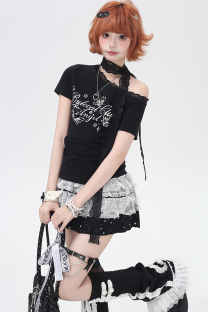 Lace Design One Shoulder Slim Top
