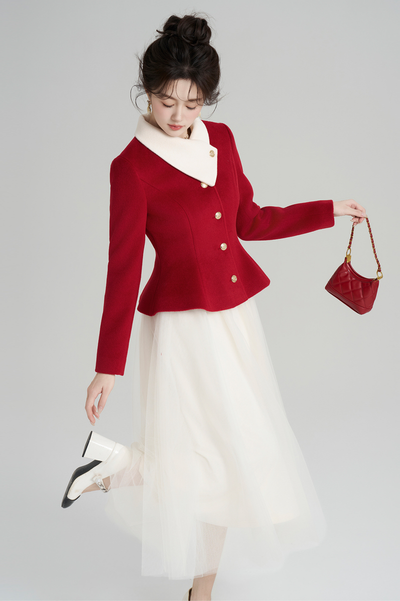 Red Wool Waist Cinching Coat + Long Dress
