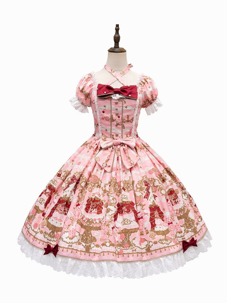 [pre-order Deadline: April 26] Retro Romance Sweet Lolita Ribbon Cake Print Halter Neck Dress