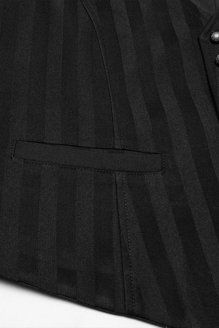Black V Collar Sleeveless Striped Print Buckle Punk Vest