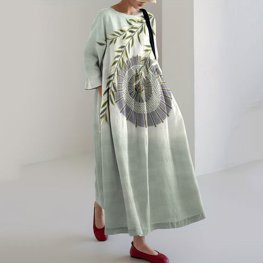 Japanese Art Print Round Neck Casual Midi Dress elevenforest