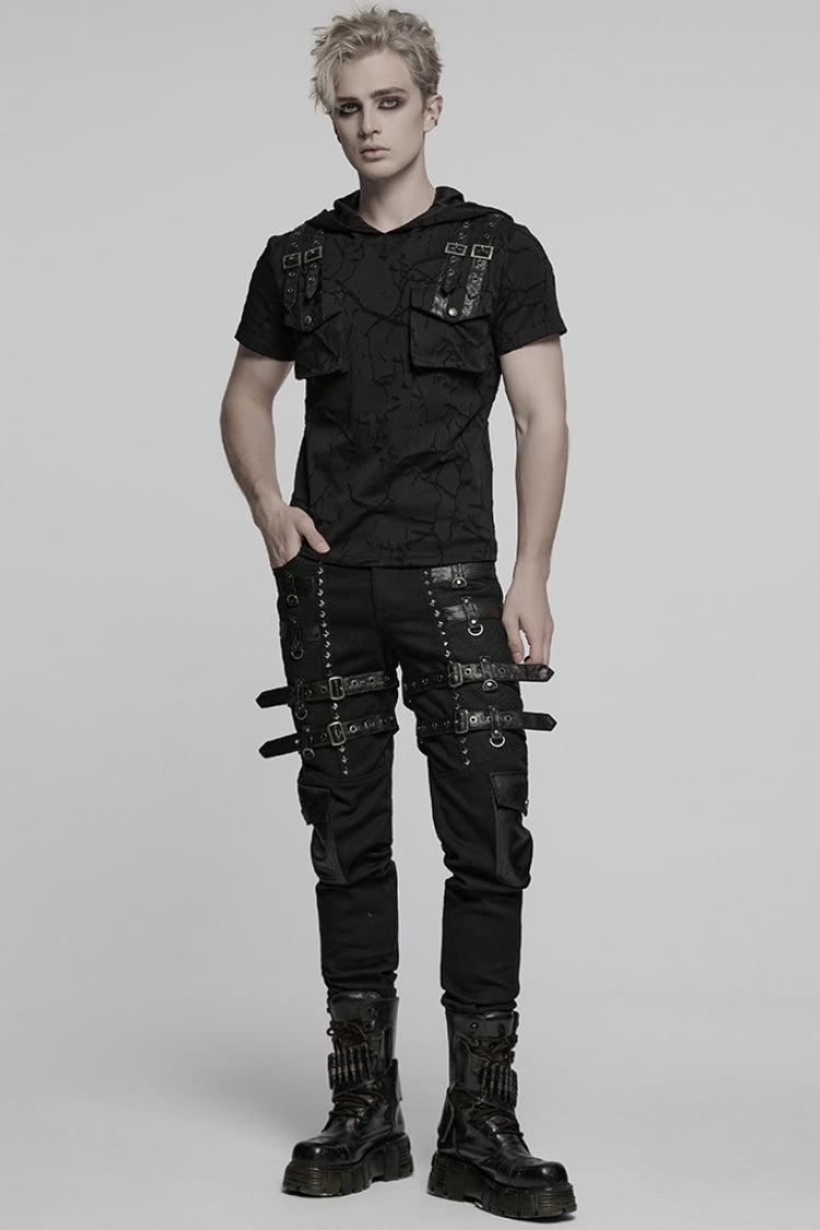Black Short Sleeves Big-pocket Tie-dyed Hooded Punk T-shirt