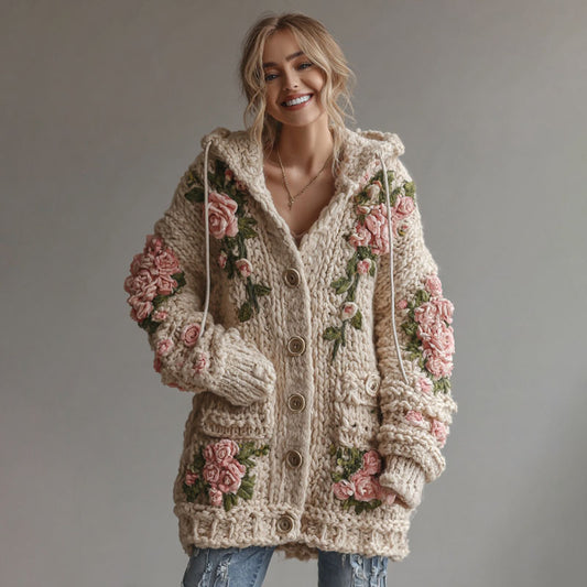 Women's Vintage Pink Floral Art Cozy Knit Hooded Cardigan elevenforest