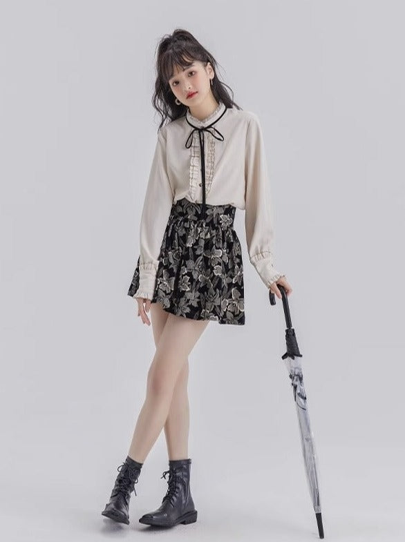 Lace Ruffle Bow Blouse + Jacquard Skirt