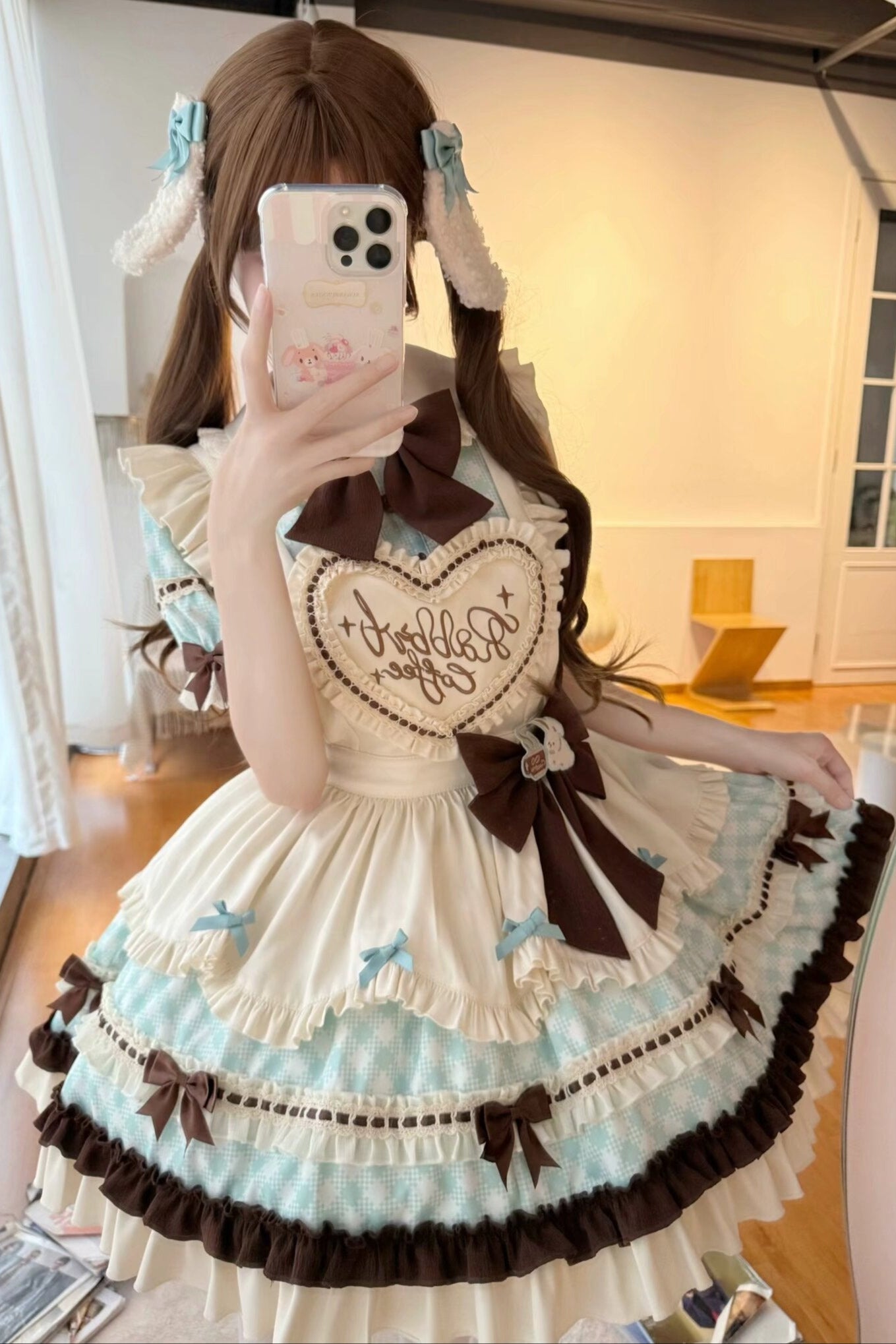 [pre-order] Bunny Ear Hair Clip + Pink Blue Sweet Maid Apron Dress