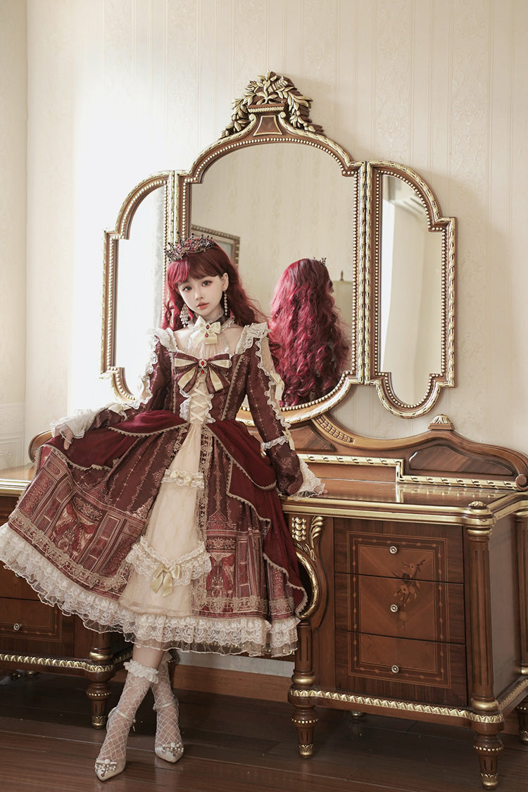 Red Baroque Palace Print Lace Classic Princess Lolita Dress