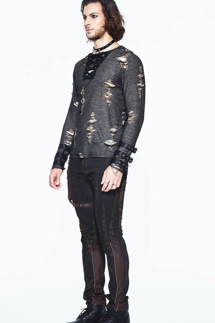 Black Long Sleeves Broken Holes Chest Lace Up Loop Cuff Punk Shirt