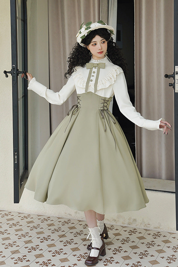 White/green [wind Garden] Stand Collar Ruffle Lace-up Color Matching Fake Two Pieces Classic Lolita Dress