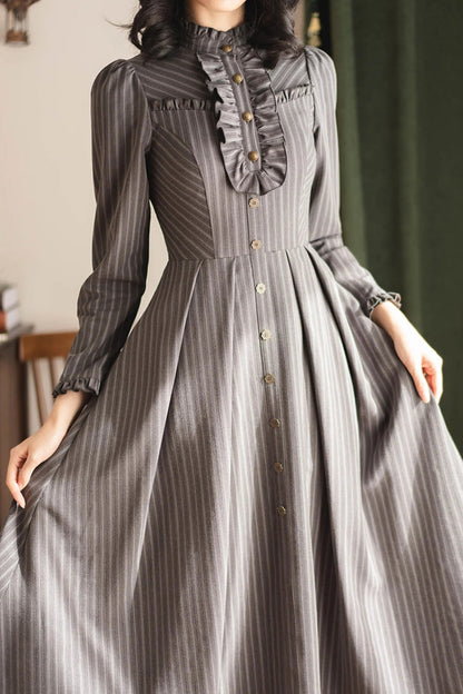 [forest Castle] Stand Collar Long Sleeves Striped Printed Ruffled Classic Lolita Dress 3 Colors