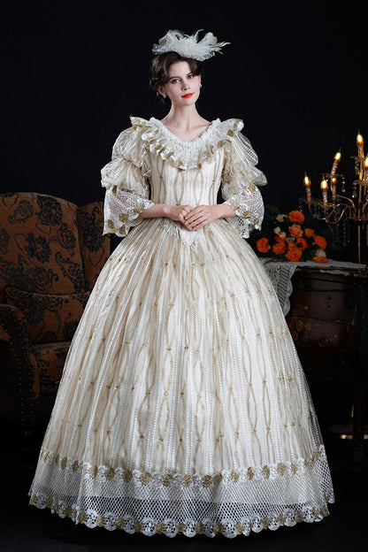 Champagne Long Puff Sleeves Ruffled Cut-out Mesh Classic Palace Lolita Victorian Dress