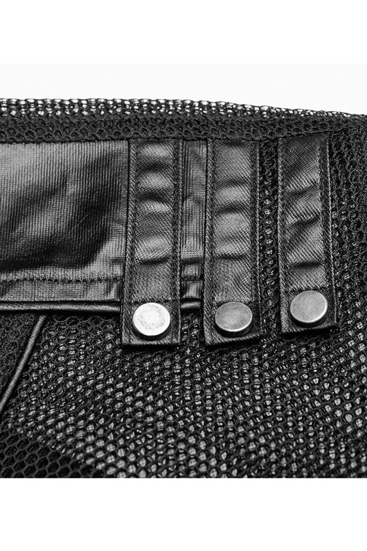 Black Punk Rough No Elasticity Woven Mesh Metal Buckle Belts Decoration Perspective Sleeveless Metal Zipper Vest