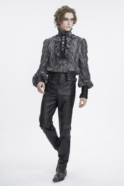 Black/grey Ruffle Stand Collar Print Lace-up Gothic Blouse