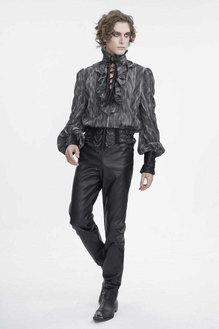 Black/grey Ruffle Stand Collar Print Lace-up Gothic Blouse