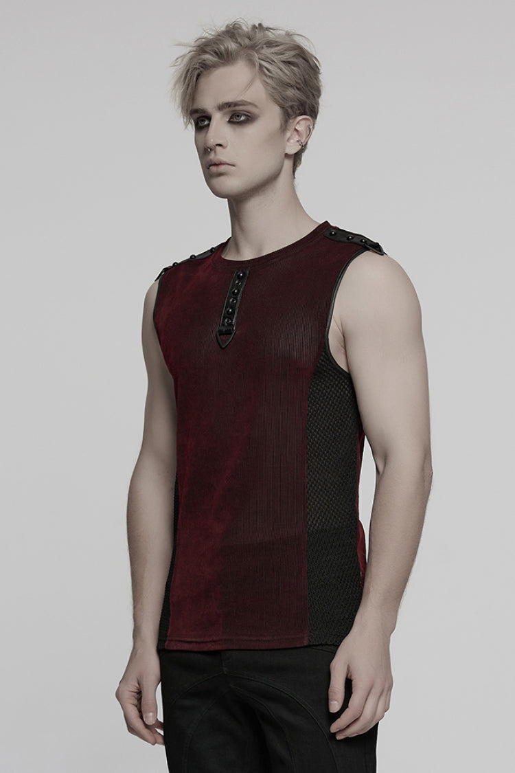Black/red Round Collar Sheer Mesh Color Matching Rivet Punk Vest